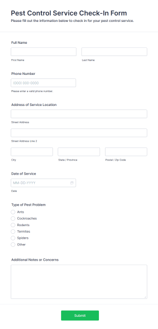 Pest Control Service Check In Form Template