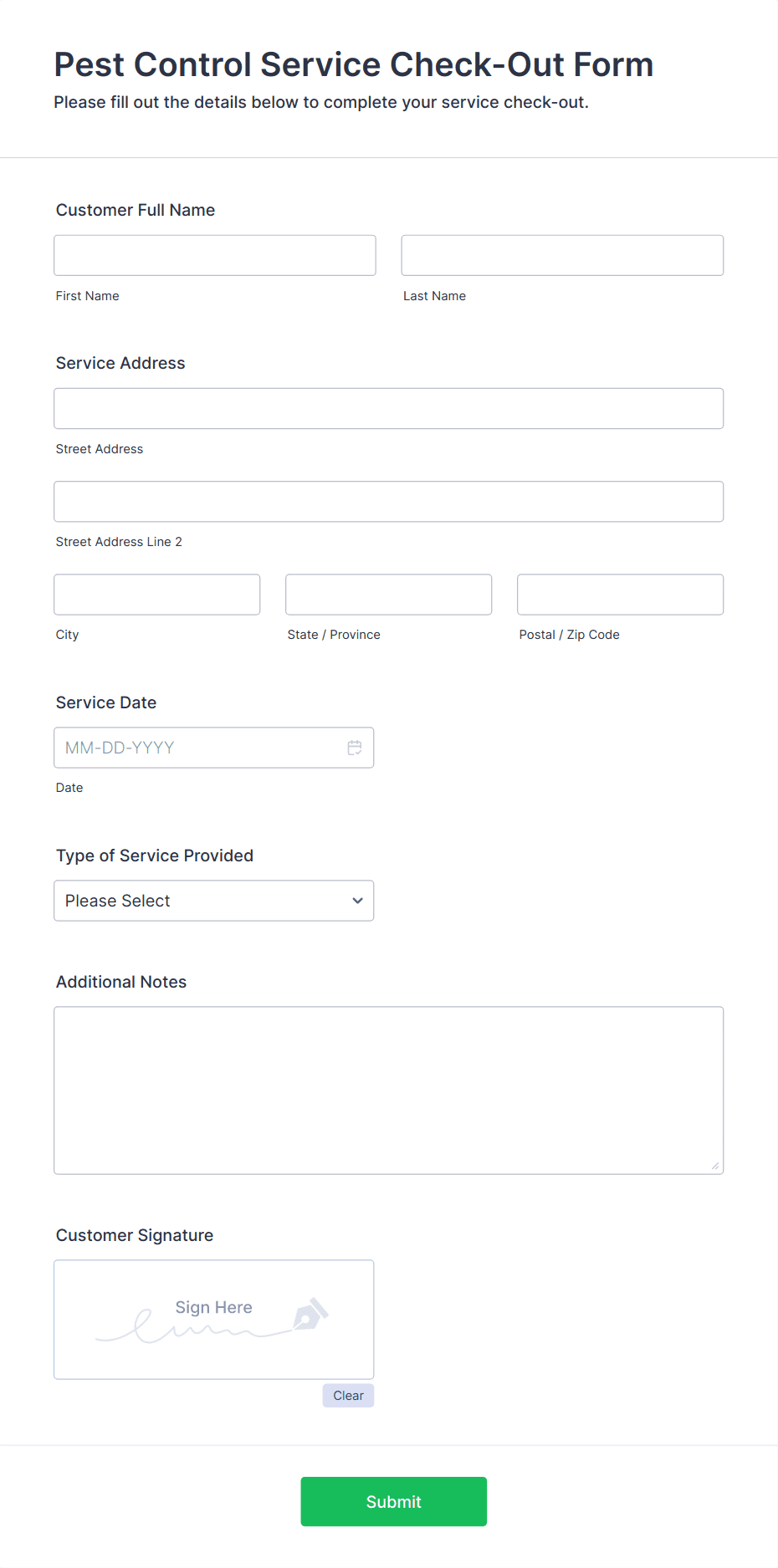 Pest Control Service Check-Out Form Template | Jotform