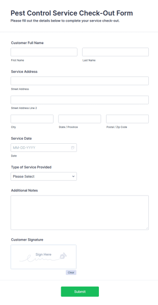 Pest Control Service Check Out Form Template