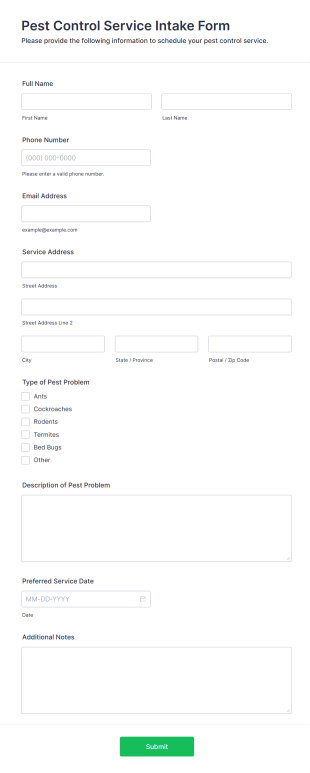Pest Control Service Intake Form Form Template