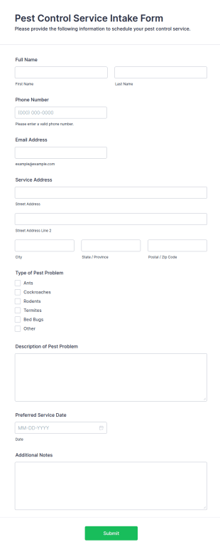 Pest Control Service Intake Form Template