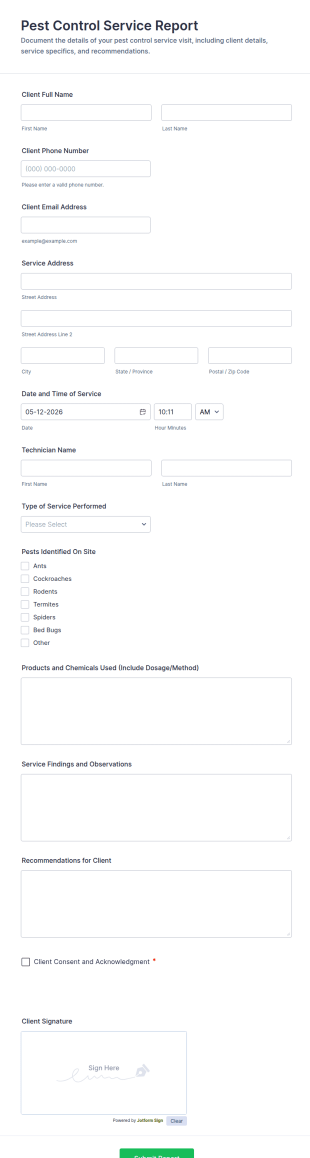 Pest Control Service Report Form Template