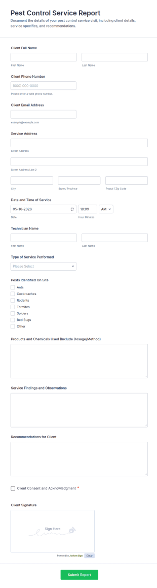 Pest Control Service Report Form Template