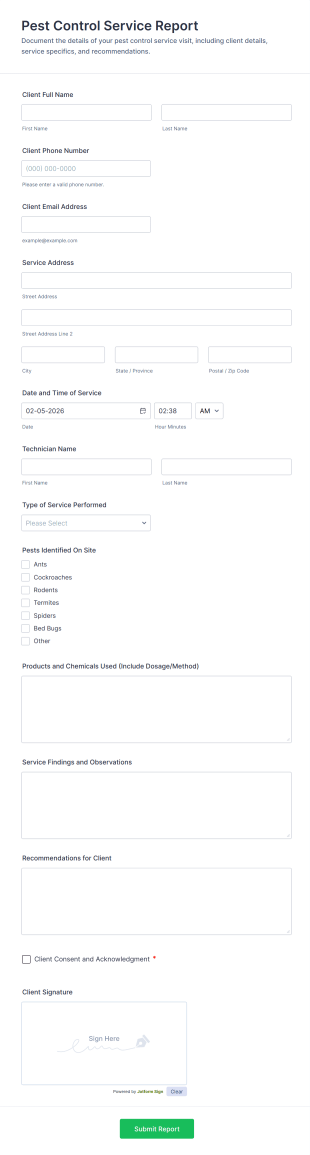 Pest Control Service Report Form Template