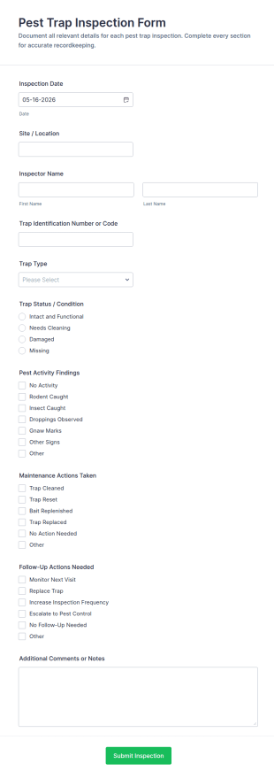 Pest Trap Inspection Form Template
