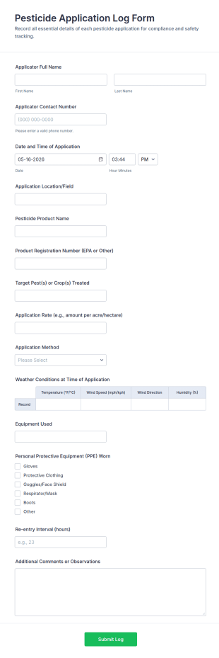 Pesticide Application Log Form Template