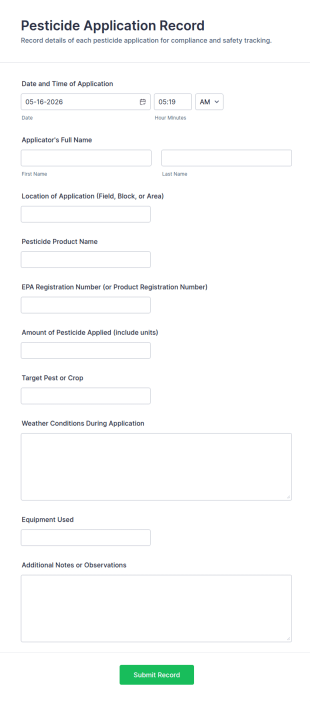 Pesticide Application Record Form Template