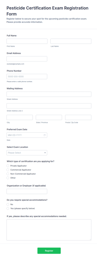 Pesticide Certification Exam Registration Form Template