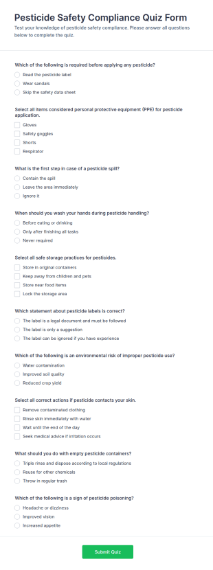 Pesticide Safety Compliance Quiz Form Template