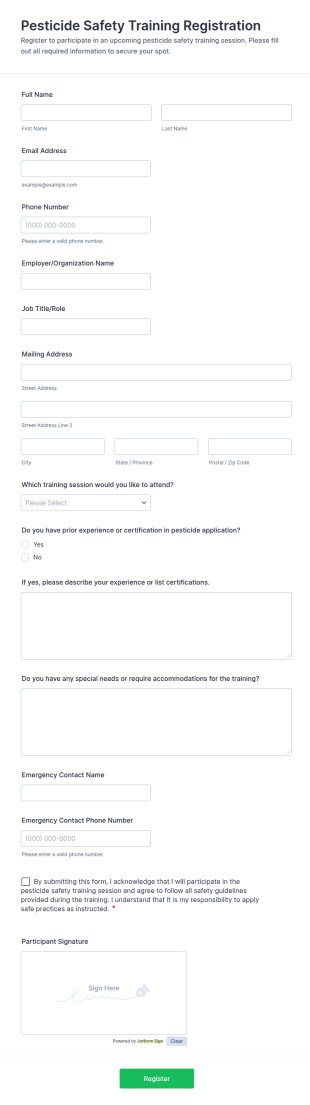 Pesticide Safety Training Registration Form Template