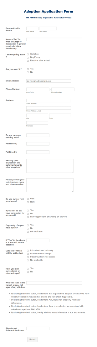 AWL NSW Branch Pet Adoption Application Form Template