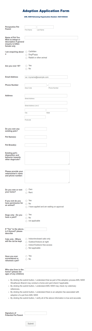 AWL NSW Branch Pet Adoption Application Form Template