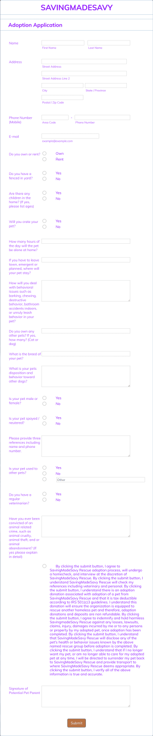 Simple Pet Adoption Application Form Template