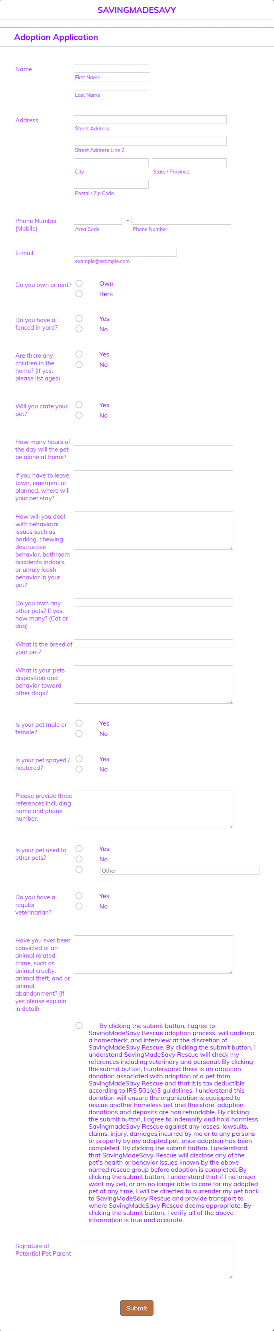 Simple Pet Adoption Application Form Template Jotform
