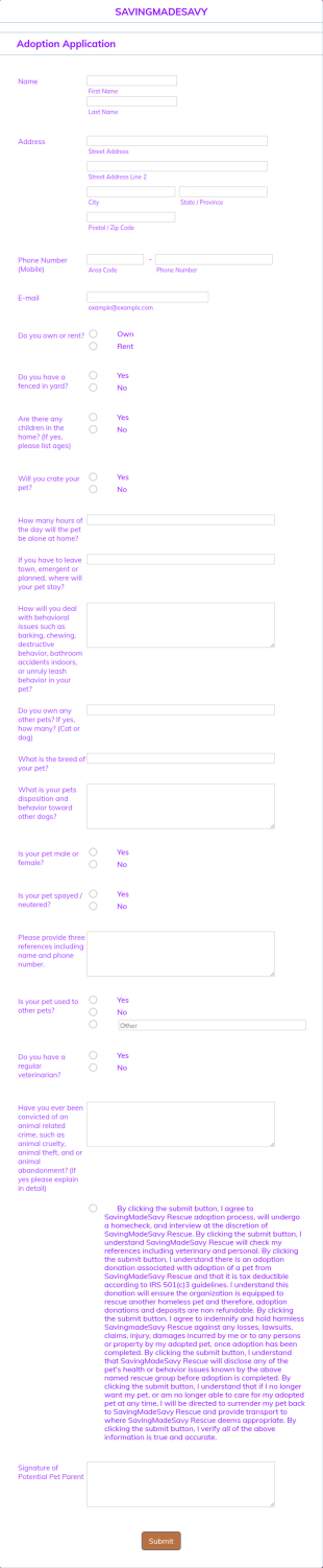 Simple Pet Adoption Application Form Template