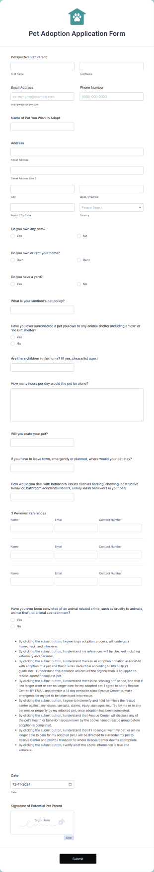 Pet Adoption Application Form Template