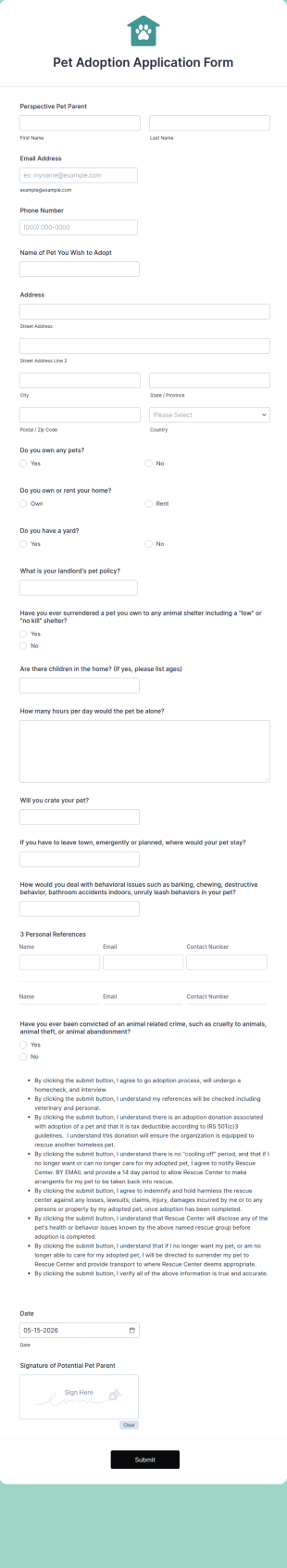 Pet Adoption Application Form Template