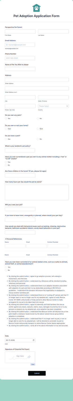 Pet Adoption Application Form Template