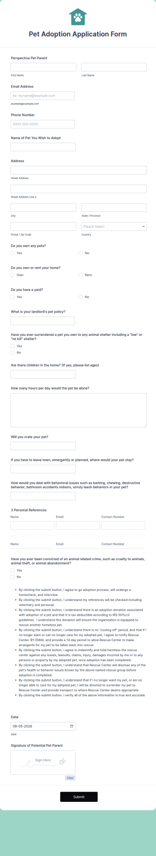 Pet Adoption Application Form Template