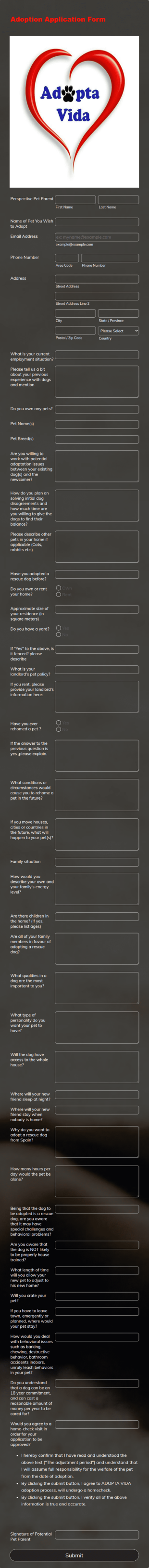 Pet Adoption Application Form Template
