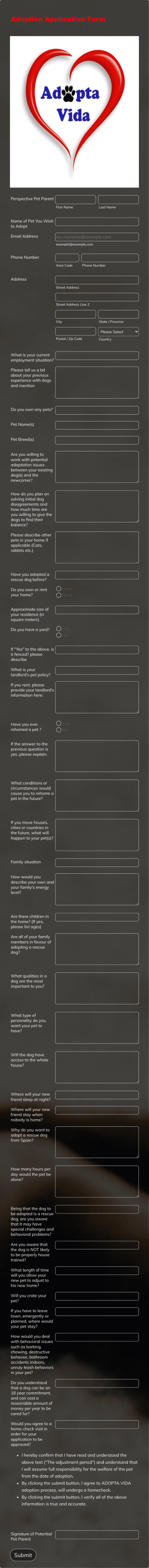 Pet Adoption Application Form Template