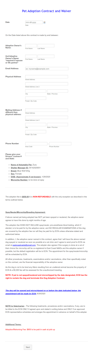 Pet Adoption Contract And Waiver Form Template