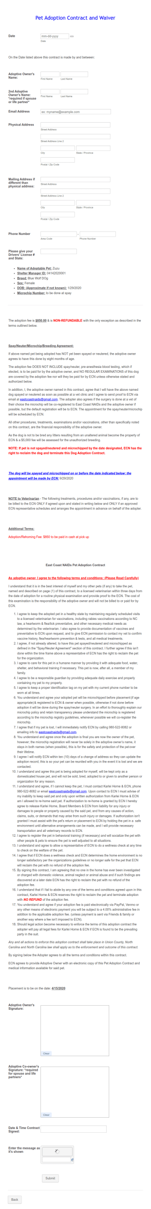 Pet Adoption Contract And Waiver Form Template