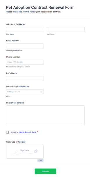 Pet Adoption Contract Renewal Form Template