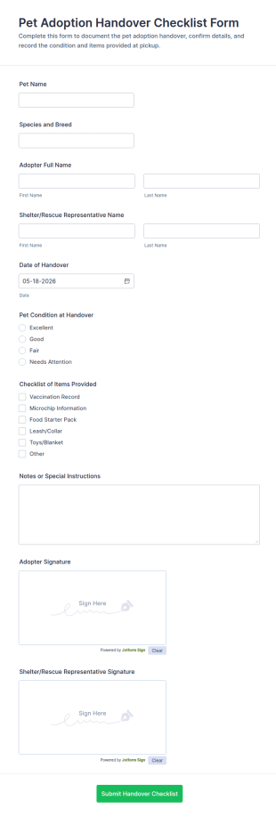 Pet Adoption Handover Checklist Form Template
