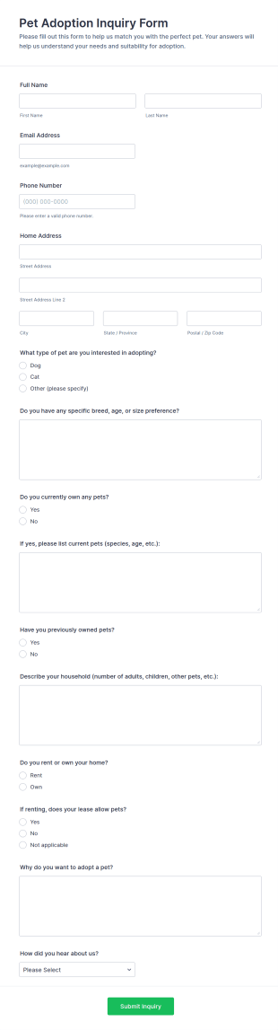 Pet Adoption Inquiry Form Template