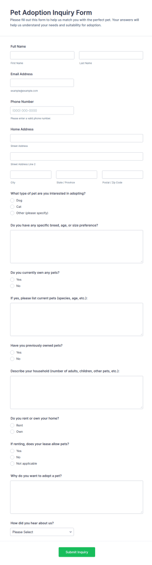 Pet Adoption Inquiry Form Template