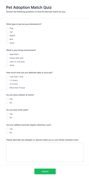 Pet Adoption Match Quiz Form Template