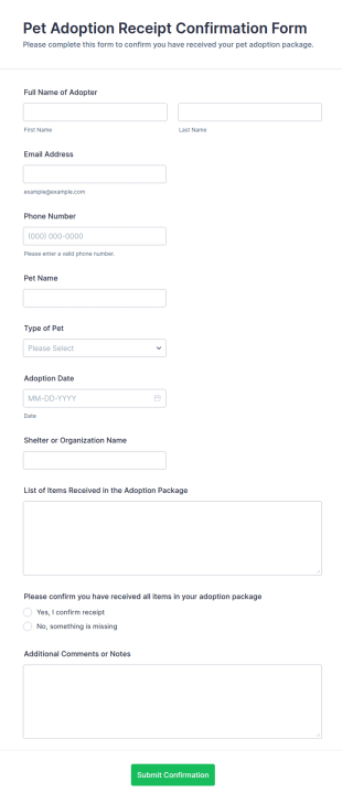 Pet Adoption Receipt Confirmation Form Template