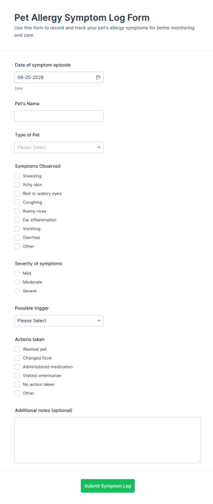 Pet Allergy Symptom Log Form Template