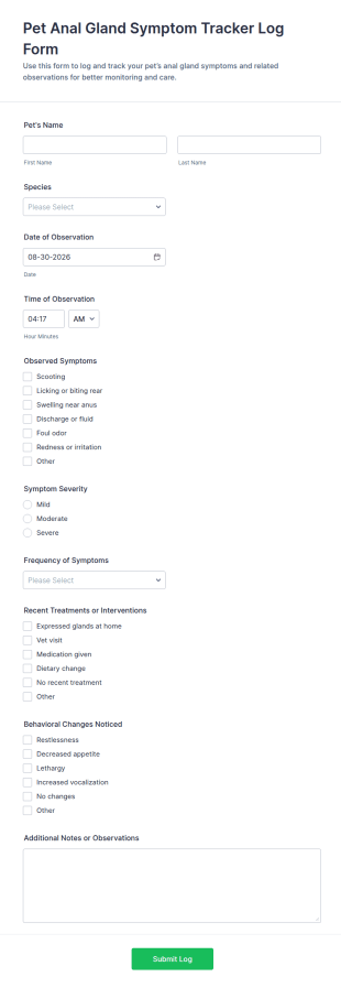 Pet Anal Gland Symptom Tracker Log Form Template
