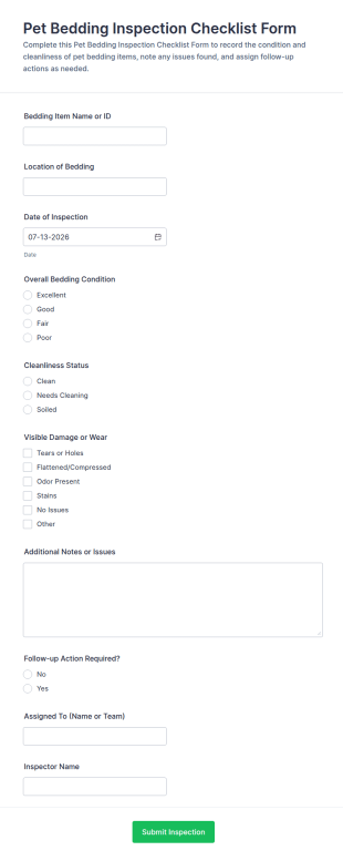 Pet Bedding Inspection Checklist Form Template