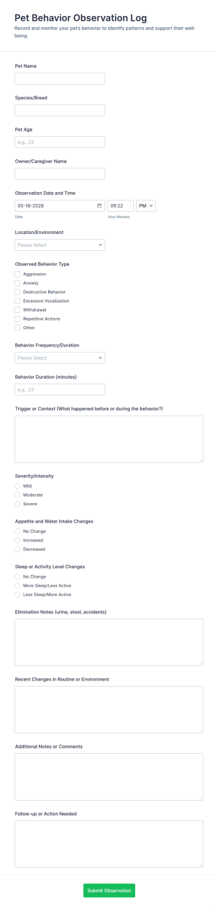 Pet Behavior Observation Log Form Template