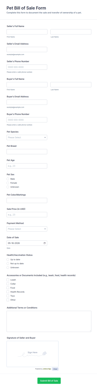 Pet Bill Of Sale Form Template