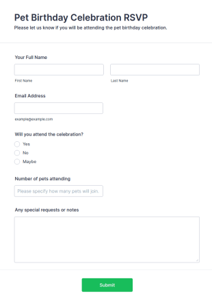 Pet Birthday Celebration RSVP Form Template