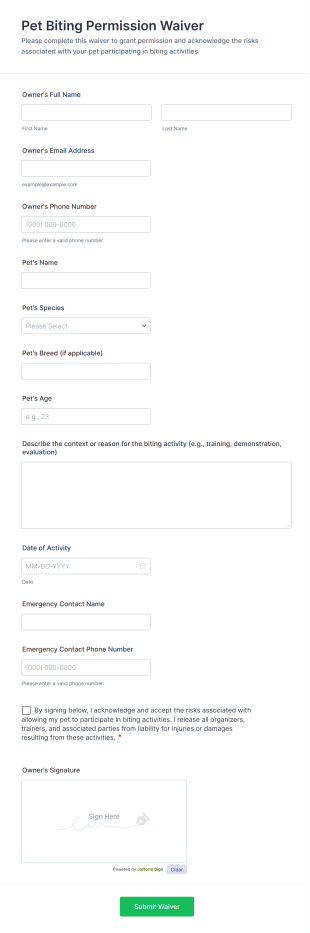 Pet Biting Permission Waiver Form Template