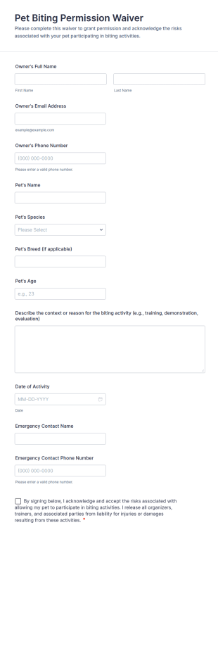 Pet Biting Permission Waiver Form Template