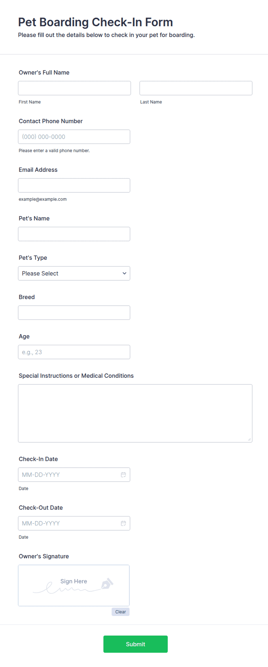 Pet Boarding Check-In Form Template | Jotform