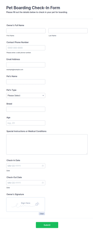 Pet Boarding Check In Form Template