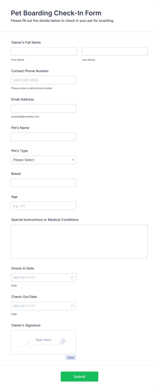 Pet Boarding Check In Form Template