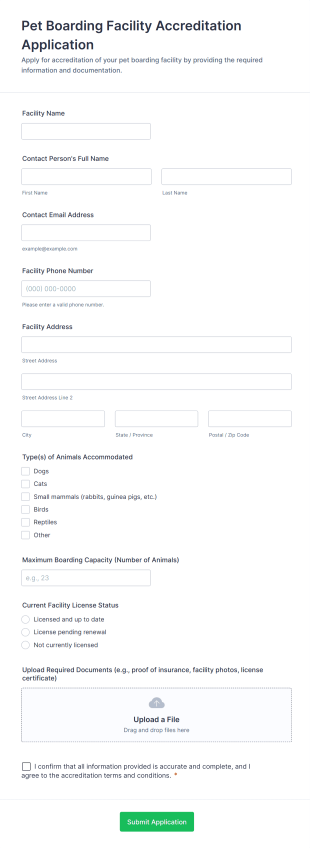 Pet Boarding Facility Accreditation Application Form Template