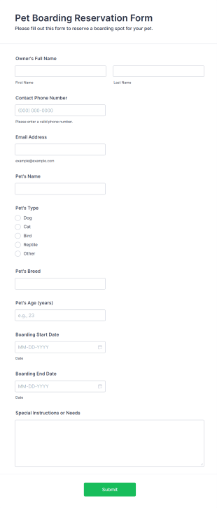 Pet Boarding Reservation Form Form Template