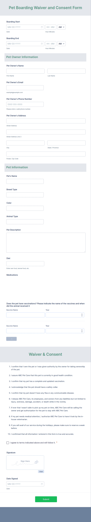 Pet Boarding Waiver And Consent Form Template
