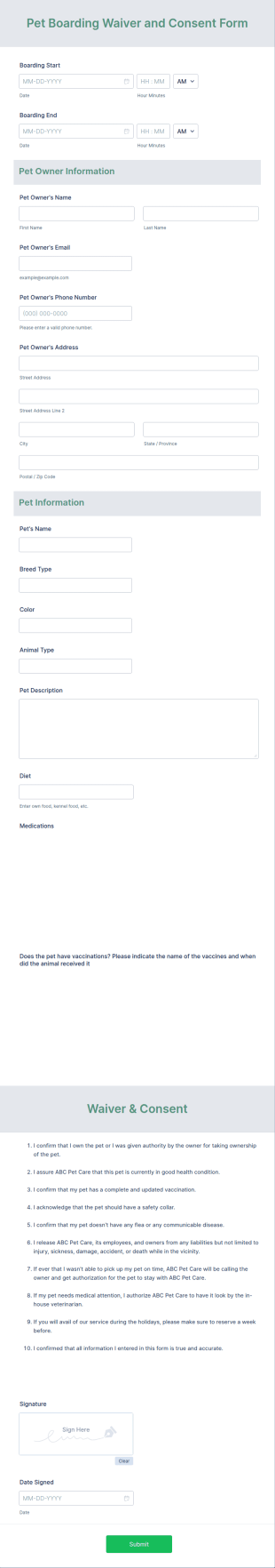 Pet Boarding Waiver And Consent Form Template