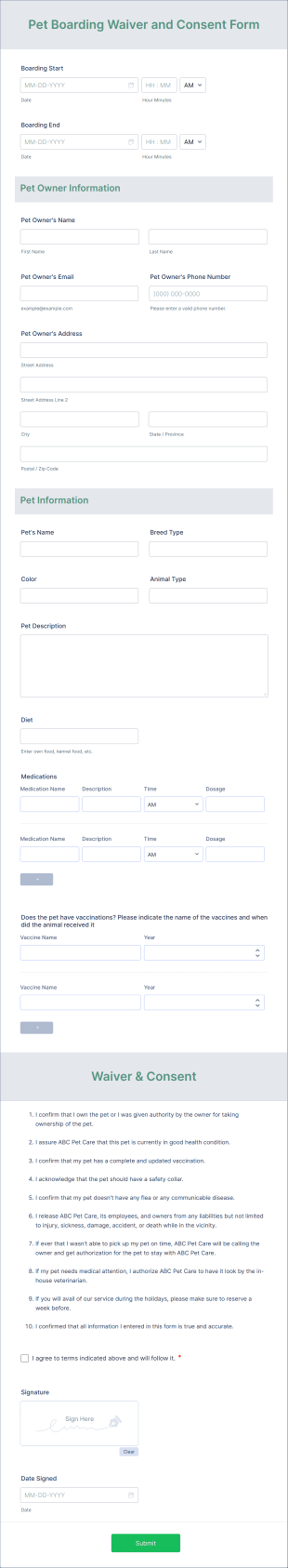 Pet Boarding Waiver And Consent Form Template