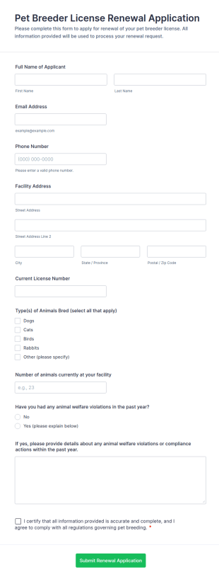 Pet Breeder License Renewal Application Form Template